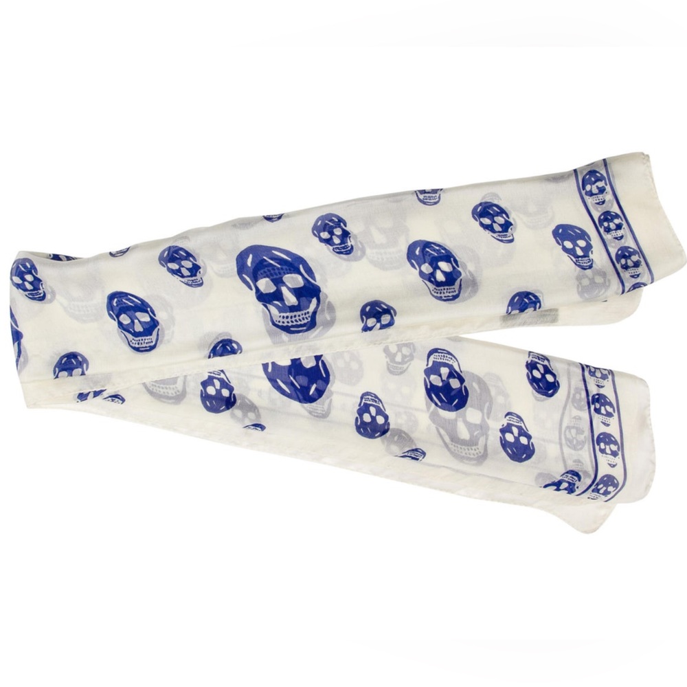 Ivory color, 100% silk, blue skull print—authentic Alexander McQueen scarf.